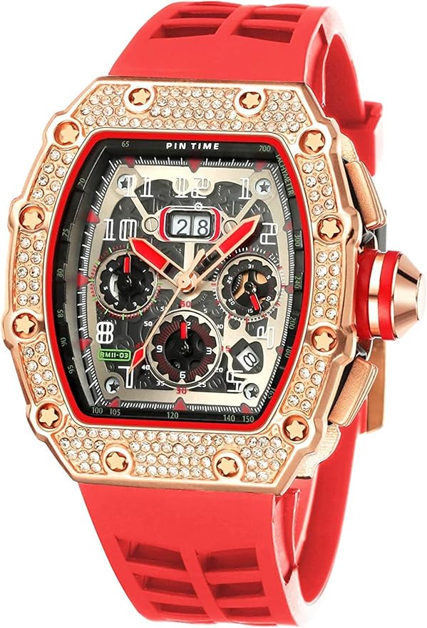 Gosasa Mens Diamond Watches Luxury Tonneau Watches for Men Analog Watch Chronograph Calendar Date Mens Dress Business Work Watch Large Rectangle Face Wristwatch with Silicon Strap