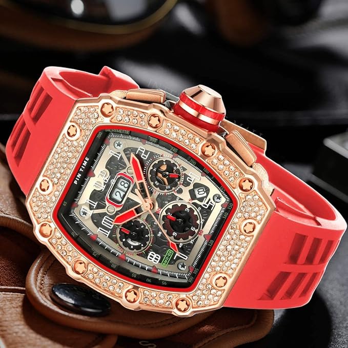 Gosasa Mens Diamond Watches Luxury Tonneau Watches for Men Analog Watch Chronograph Calendar Date Mens Dress Business Work Watch Large Rectangle Face Wristwatch with Silicon Strap